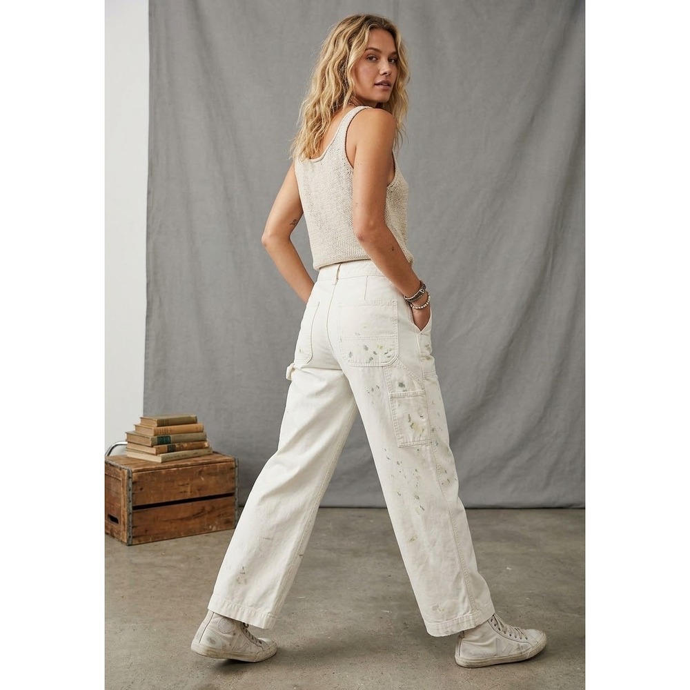 Free People White Paint Splatter Carpenter Pants Wide Leg Button Fly Size 6